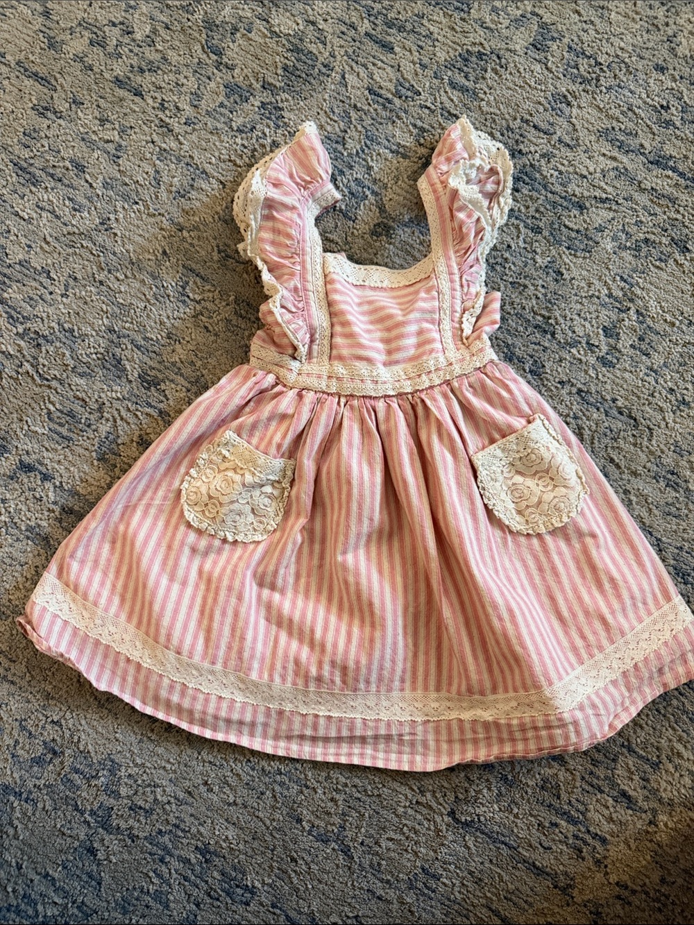 Girls Pink Striped Lace Pocket Dress